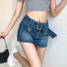 Faldas Jeans Falda Mujer 2024 Coreano Verano Retro Cinturón de metal Cintura baja Slim Denim Short