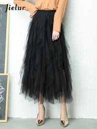 Jupes Jielur Mode Tutu Tulle Jupe Femme Longue Maxi Jupe Printemps / Été Corée Noir Rose Taille Haute Jupe Plissée Femme 230403