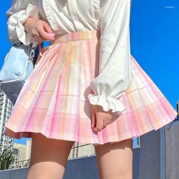 Jupes Jk japonais authentique dégradé doux mignon plissé pour les femmes 2023 filles Mini rose Plaid Kawaii a-ligne jupe courte