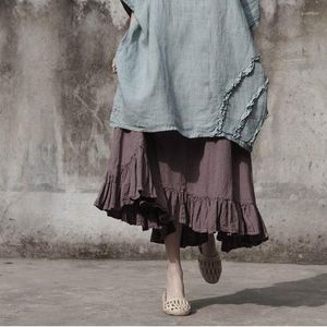 Jupes Johnature femmes taille élastique coton lin poches Vintage 2022 printemps décontracté couleur unie a-ligne à volants