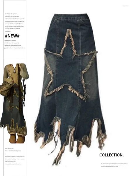 Faldas JRJL Borla para mujer Moda Vintage Cintura alta Diseños de parches Falda vaquera Chic Streetwear Asimétrico Midi
