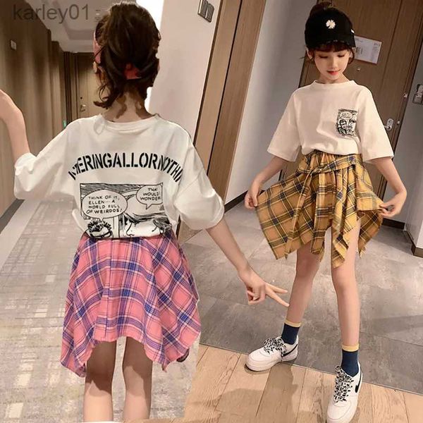 Skirts Junior Girl Clothing Summer Camiseta de manga corta Top Falda a cuadros 2 PPCS Juego de niños