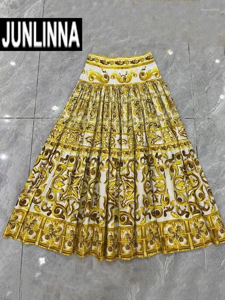 Jupes Junlinna High Street Femme Jupe Coton Porcelaine Jaune Fleur Impression à moitié robe Fête de vacances Expansion