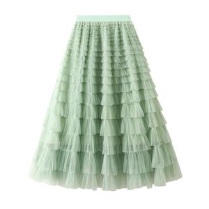 Jupes jupe femme ete 2023 printemps fête élastique taille haute longue Tulle femmes multicouche volants rose maille Tutu dames 230317