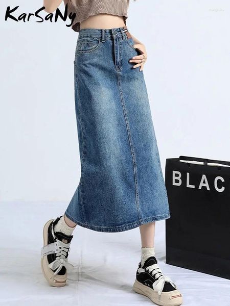 Jupes Karsany Femmes Long Denim Vintage Back Slit Taille Haute Jean Jupe 2024 Moulante Maxi Bleu Droite Pour