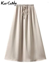 Faldas Karsany Women Long Satin High Wisting 2024 Spring Silk Skirt Black Office Elastic A Line Maxi Beige para