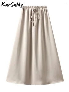 Jupes Karsany Femmes Long Satin haute taille 2024 Spring Silk jupe Black Office élastique une ligne maxi beige pour