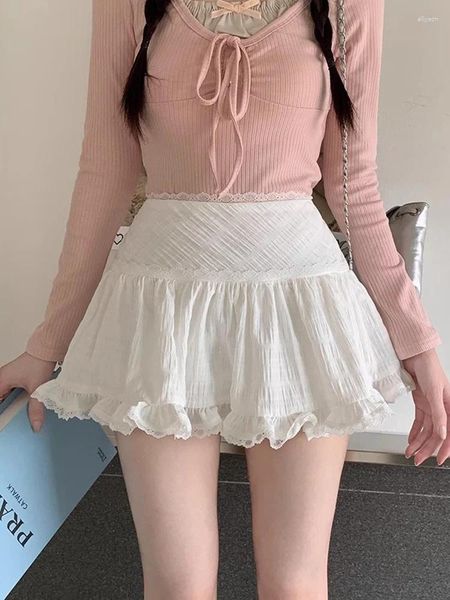 Faldas Kawaii Mini falda blanca Mujer Verano Fairycore Lindo Sexy Cintura alta Volantes de encaje Patchwork A-Line Shorts Coreanos