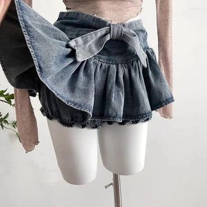 Jupes Kawaii Femmes Vintage Gyaru Volants Taille Basse Sexy Plissée Mini Grunge Y2k Bow Denim Jupe avec Short Streetwear D'été