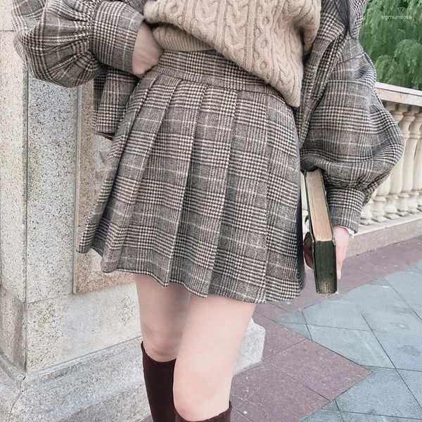 Jupes Keqi Bobon21 Femmes Jupe plissée Shorts Plaid Laine Taille haute Une ligne Japonais Tartan School Automne Hiver B1671