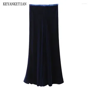 Skirts keyanketian 2024 lancering dames fluwelen rok veer elegant simpel zijkant rits met hoge taille a-line enkellengte midi