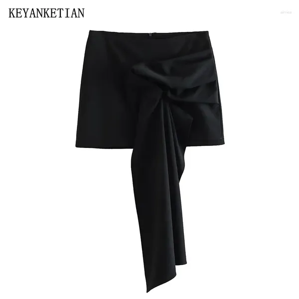 Jupes keyanketian été banderoles asymétriques décorées jupe taille haute femmes style de banlieue noir enveloppement hanche sarong