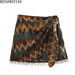 Skirts keyanketian vintage geometrische print mini rok geknoopte sarong kralen franje wrap vestidos casual zip kort skort mujer 230413