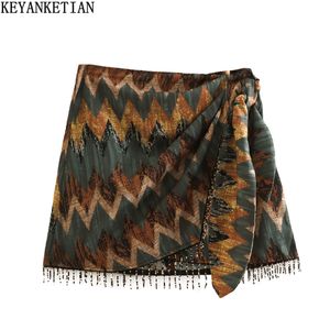 Jupes KEYANKETIAN Vintage imprimé géométrique Mini jupe nouée Sarong perlé frange Wrap Vestidos décontracté Zip court Skort Mujer 230329