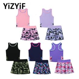 Rokken Kinderen Tennisrok Set voor Meisjes Kinderkleding Sport Pak Racer Back Top Ingebouwde Shorts Set Hardlopen Gym Fitness Sportkleding 230603