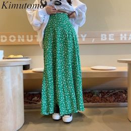 Jupes Kimutomo élégant ample imprimé fleuri couleur contraste jupe longue femme doux élastique taille haute grande balançoire a-ligne jupes plissées 230428