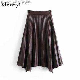 Spódnice Klkxmyt Faux Leather plisowana spódnica Za damska linia wysokiej talii asymetryczne obszycie Midi Fashion Street Ladies s Z230705