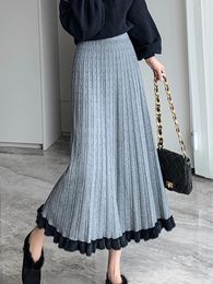 Rokken Gebreide Lange Rok Vrouwen Winter Warm Midi Vrouwelijke Elegante Casual Geplooide Dame Koreaanse Mode Hoge Taille Een Lijn