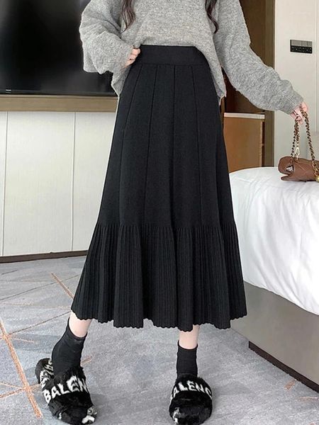 Jupes tricotées longues femmes automne hiver décontracté jupe plissée ample femme mode coréenne couleur unie taille haute une ligne