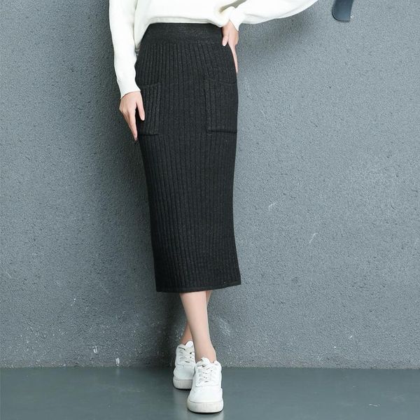 Jupes jupe tricotée automne et hiver femme 2021 Version coréenne de la longue Section laine étape hanche Wrap