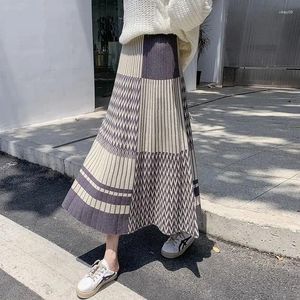 Jupes jupe tricotée entrejambe pour femme couvrant une ligne polyvalente automne et hiver taille haute en laine épaisse plissée