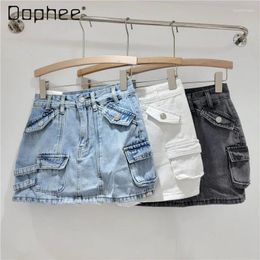 Rokken Koreaanse casual all-match multi-pocket werkkledingstijl hoge taille denim rok rok lente zomer solide kleur korte heup voor vrouwen