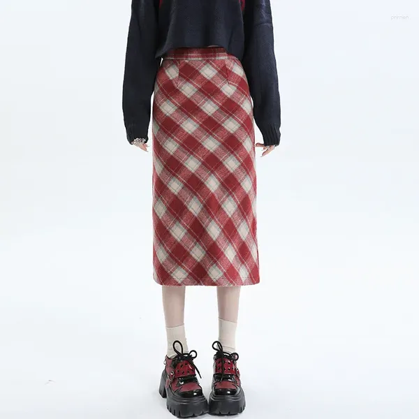 Jupes coréennes élégantes à carreaux Maxi jupe en laine automne et hiver femmes 2024 taille haute mince a-ligne hanche portefeuille fendu