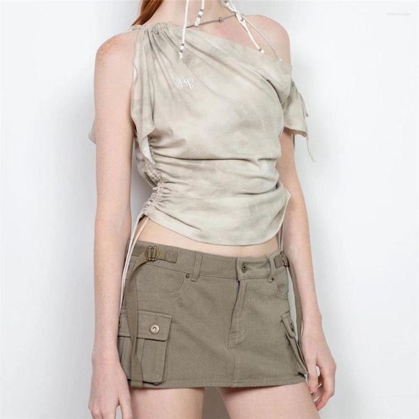 Faldas de moda coreana Mini para mujer Vintage verde militar para mujer 2023 falda de carga negra de verano con bolsillos y cinturón