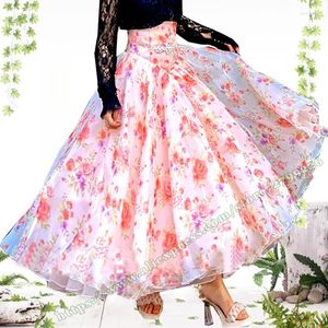Faldas de moda coreana organza rosa rosa floral cintura alta y esponjosa falda larga para mujer elegante y elegante mujer 2024