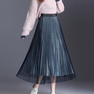 Rokken Koreaanse mode geplooid Elegante vrouw mesh rok hoge taille midi faldas mujer moda pailletten lang ol