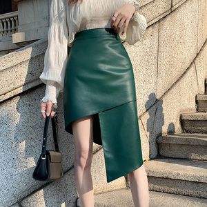 Faldas Moda coreana PU Falda irregular de cuero para mujeres Elegante Oficina OL Trabajo Vintage Sexy Bodycon
