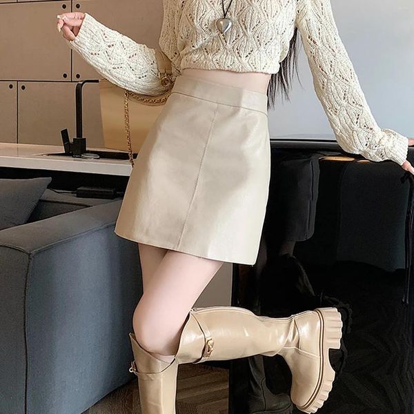Jupes coréennes fashion slim fit cuir dames hlippées solides à taille haute