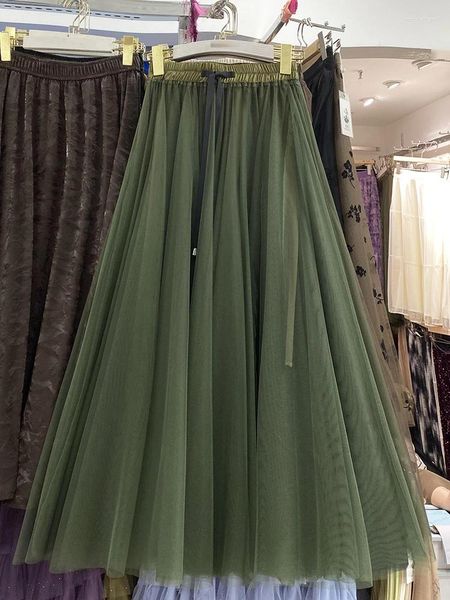 Jupes coréennes en tulle pour femmes, maille irrégulière, élastique, taille haute, jupe de gâteau, ligne a, Maxi Drop