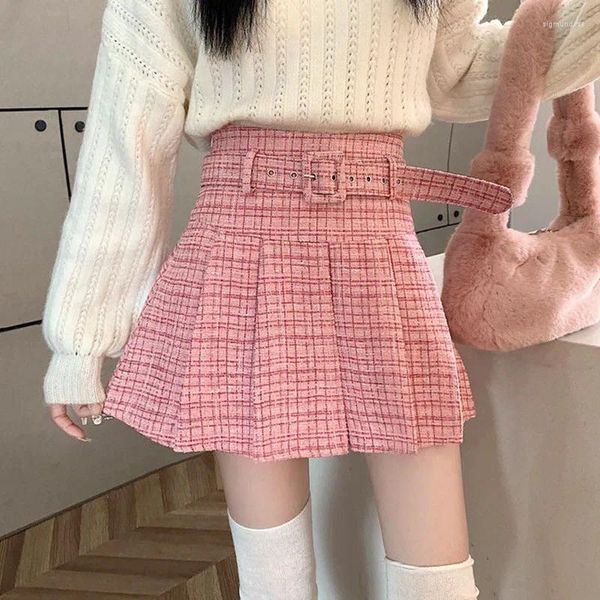 Faldas Moda coreana con cinturón Plisado Mujeres All-Match Pink High Cintura Mini 2024 Street Plaid Mujer