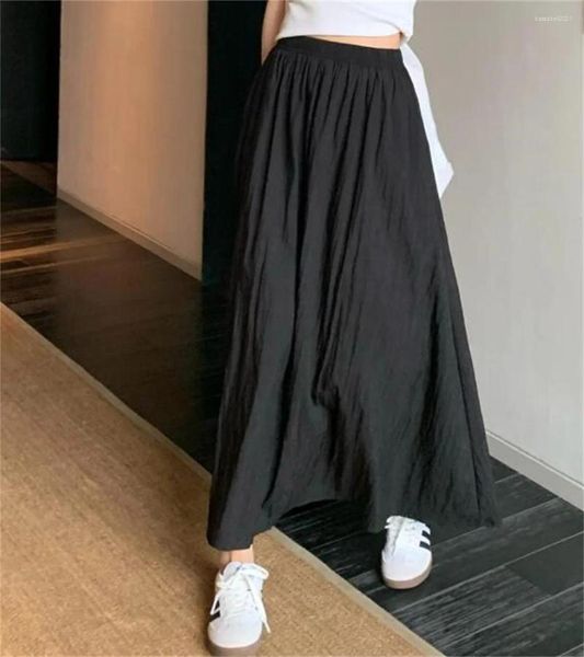 Jupes coréennes Fashion Femmes Automne pliage jupe haute taille une ligne Mid Calf 2024 Summer Preppy Style Elegant Pockets