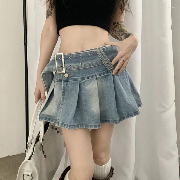 Faldas Moda coreana Y2K Falda Denim Mini para mujeres Verano 2023 en Kawaii Harajuku con volantes Plisado E-Girl Cintura alta