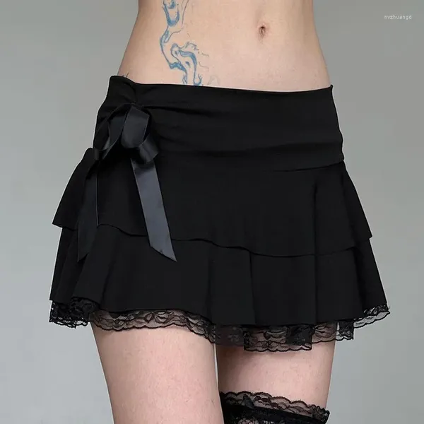 Jupes coréennes rétro Patchwork Slim Sexy Mini jupe pour les femmes d'été 2024 Skinny Bow plissé enveloppe Hip femme
