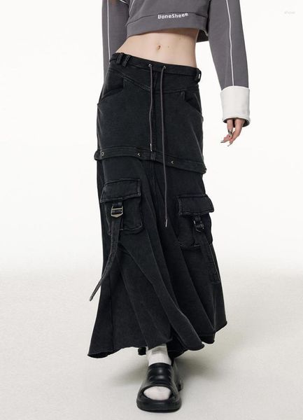 Jupes coréen rétro deux-portant détachable industrie lourde punk drapé noir et gris moyen long robe lâche jupe décontractée femme Y2K