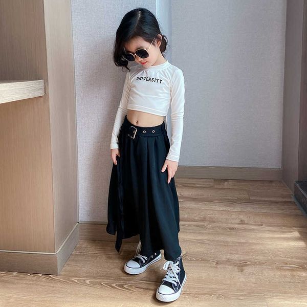 Jupes coréennes Streetwear jupe mi-longue en mousseline de soie noire fendue irrégulière taille haute bébé filles vêtements pour enfants spectacle de fête jupes longues 3 à 12 ans T230301