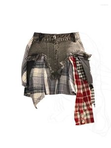 Jupes coréennes streetwear femmes jean mini jupe grunge fille mode asymétrique a-ligne denim patchwork plaid décontracté chic cyber