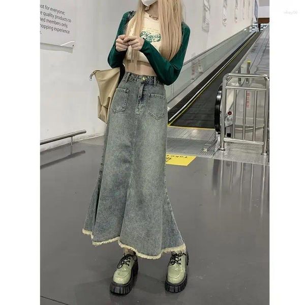 Faldas Falda vaquera de estilo coreano Tipo A Mujer Literaria Cintura alta Retro Moda larga Estiramiento Sexy Diseño de cola de pez