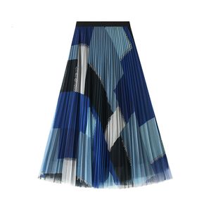 Faldas Estilo coreano Estampado geométrico Falda Y2K VD1702 Mujeres Púrpura Negro Azul Largo Midi Falda plisada de tul 230214