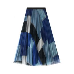 Jupes Style Coréen Imprimé Géométrique Y2K VD1702 Femmes Violet Noir Bleu Long Midi Longueur Tulle Plissé 230202