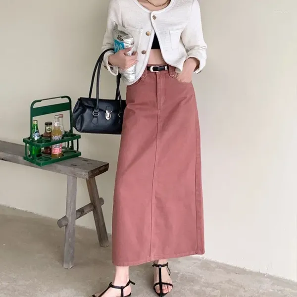 Jupes de style coréen rose denim femme jupe midi 2024 mode vintage haute taille en ligne droite de poche en ligne long sans ceinture