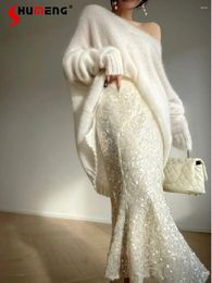 Jupes de style coréen paillettes de gaine brillante jupe longue femme à queue de poisson haute taille slim ajustement minceur de sens A-line faldas mujer