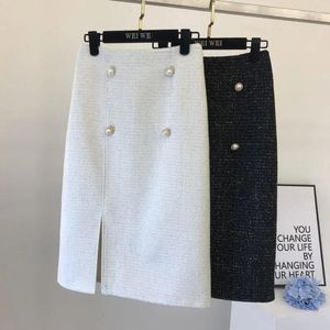 Rokken Koreaanse stijl Slim High Taille Wrap Hip Black Side Slit Wollen rok Dames Tweed Faldas Mujer White Sexy Autumn Winter