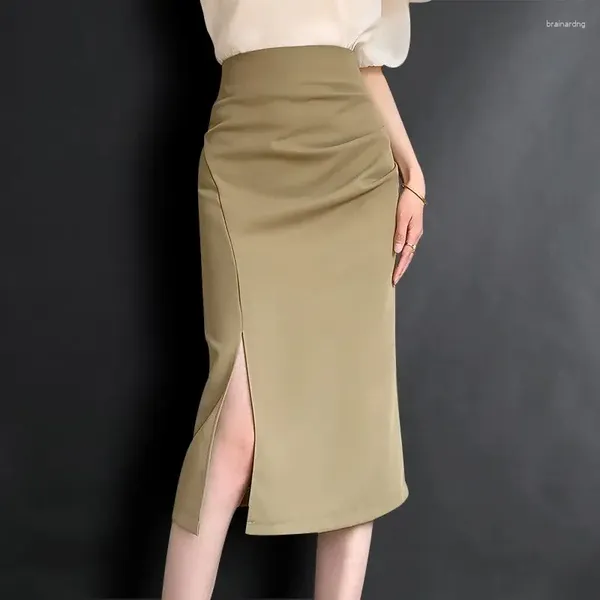 Faldas de estilo coreano para mujer, falda elegante hasta la rodilla con abertura para oficina, Color sólido, combina con todo, lápiz