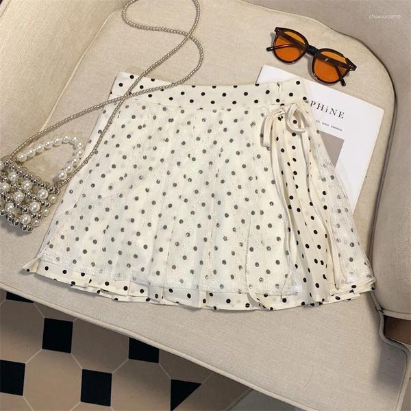 Jupes coréennes Versions Femmes Polka Dot Party Bandage Lace Mini Jirt Spring Summer High Waited A-Line Pleed Honed Ladies Trend