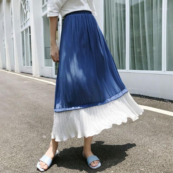 Jupes femmes coréennes en mousseline de soie été rétro 2022 taille haute Femme une ligne longues Maxi robes Robe Femme bleu noir plissé