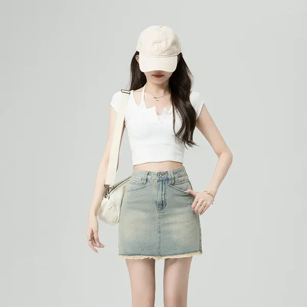 Faldas coreanas para mujer Vintage Y2K A-line Jeans 2024 verano Casual mujer todo fósforo suelta alta cintura Mini Falda corta vaquera